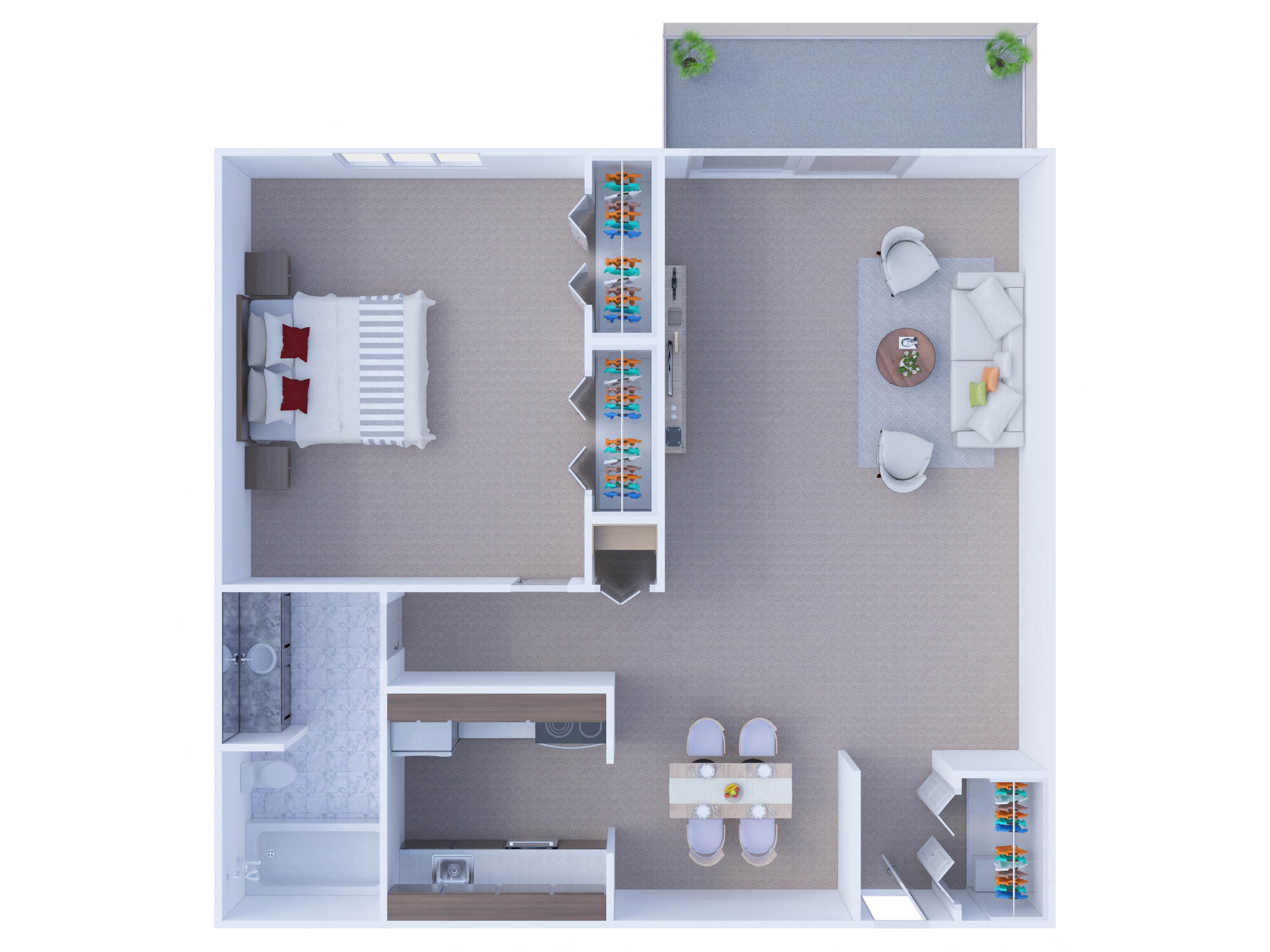Floor plan for 1 bed, 1 bath, 750 sqft